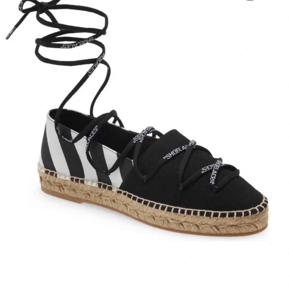 Off-White Black and White Espadrille Lace-Up Flats